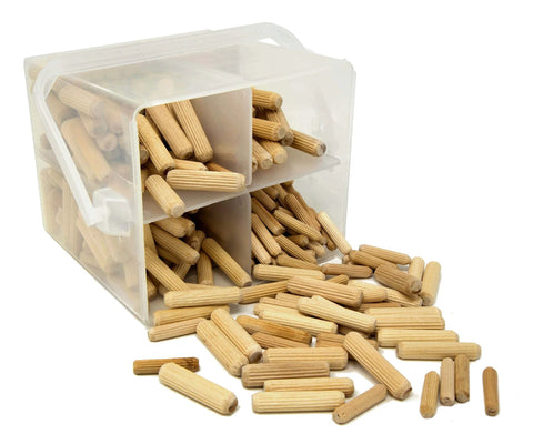 Birch Wood Fluted Dowel Pins In A 400 Piece Variety Bucket With One Quarter Inch, Five Sixteenths Inch, And Three Eighths Inch Dowels.