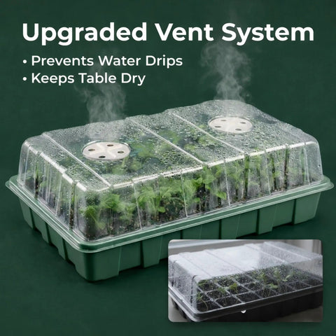5 Pack BPA Free Seed Starter Trays Kit with 40 Cell Reusable Seedling Trays, humidity vented domes showing adjustable vents