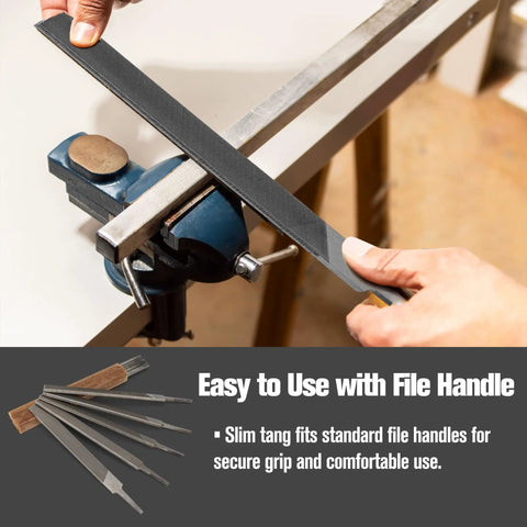 6 Inch Flat File Double Cut Teeth High Carbon Steel Hardened Without Handle Pro Grade Heavy Duty 10 Pack in use with vise clamp