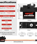 Specifications of Beefed Up 9g Micro Servo Motors With Metal Gear And Shaft Upgrade Pack showing torque, speed, dimensions.