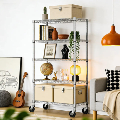 No Sweat Five Tier Rolling Storage Shelving Unit With Hella Sturdy Chrome Steel Wire Racks And Locking Caster Wheels For Heavy Duty Garage Kitchen Pantry And Basement Organization Plus 1750 Lbs Load Capacity