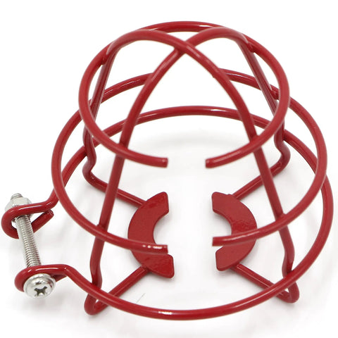 Built Like A Tank 1/2 Inch Fire Sprinkler Head Cage Guard Protector Bracket showing red steel wire, welded design, durable and impact resistant.
