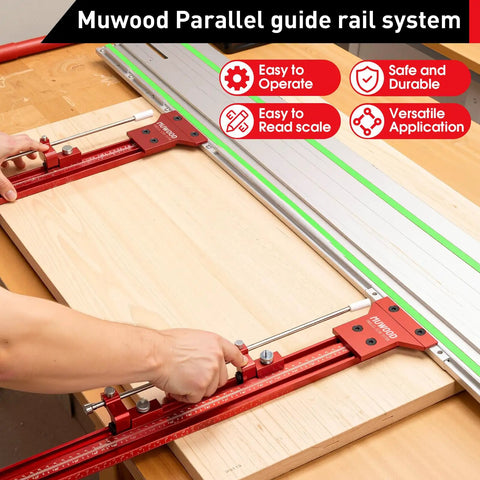 Track Saw Parallel Guide System for woodworking showing precise alignment on rails with easy-to-read scale for accurate cuts.