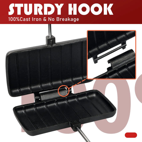 Double Cast Iron Pie Iron For Camping Large Portable Campfire Pie Maker with sturdy hook detail