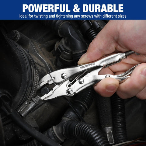 Mini 4 Inch Curved Jaw Locking Pliers With Wire Cutter Chrome Vanadium Steel Vise Grips For Clamping Twisting And Welding Jobs Heavy Duty Adjustable Locking Pliers Set in use on machinery cables