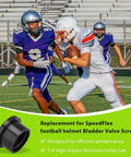 Quick Release Football Helmet Chin Strap Stabilizer Tool Set For Friday Night Helmets With Quick Grab Lever And Heavy Duty Steel Build That Keeps Your Facemask Locked Solid For Hard Hitting Plays Without Any Slip, featuring football players and a bladder valve cap.
