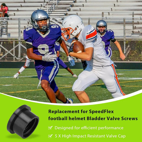 Quick Release Football Helmet Chin Strap Stabilizer Tool Set For Friday Night Helmets With Quick Grab Lever And Heavy Duty Steel Build That Keeps Your Facemask Locked Solid For Hard Hitting Plays Without Any Slip, featuring football players and a bladder valve cap.