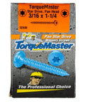 100 Pk 3/16 By 2 1/4 Inch Pan Head Masonry Screws Star Socket Self Tapping Concrete Fasteners on packaging against gray background.