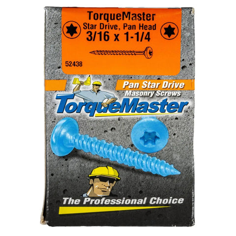 100 Pk 3/16 By 2 1/4 Inch Pan Head Masonry Screws Star Socket Self Tapping Concrete Fasteners on packaging against gray background.