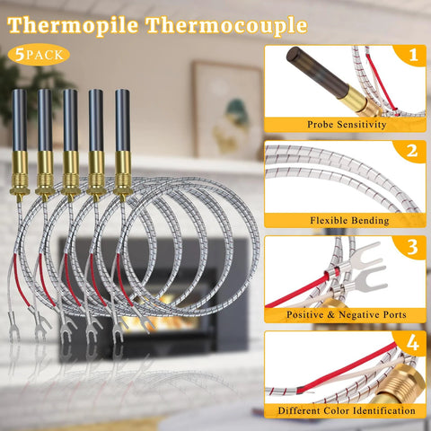 Five-pack thermopile thermocouple set for gas fireplaces, 36-inch length, 750mV, brass fittings, flexible wires.