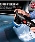 Using Swirl Killer 12mm Orbital Polisher Pro Grade For Car Paint Correction And Scratch Removal on blue vehicle panel