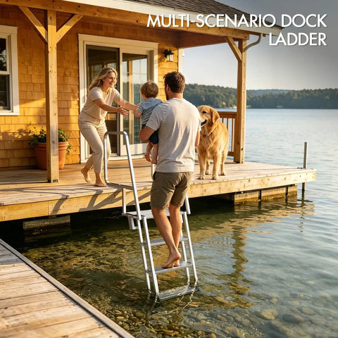 Flip Up Dock Ladder For Boats And Docks, 4 Steps, 350 Lbs Capacity, Wide Non Slip Aluminum Steps, Lightweight Durable Marine Stair With Easy Fold Up For Easy Access On Deck Or Pier. Three-step aluminum dock ladder on lakeside pier, used for boarding from water.