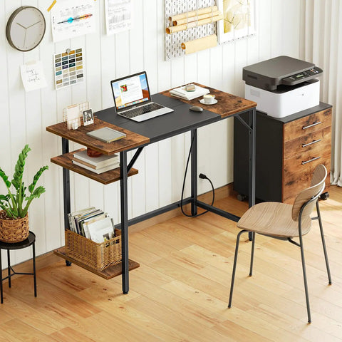 Compact Computer Desk With Built In Charging Station And USB Ports Modern Home Office Writing Desk With Two Shelves Easy Assembly Rustic Brown And Black Finish Great For Small Spaces in home office