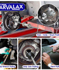 Nine Way Slide Hammer Puller Set for dents and dings, front wheel hub bearing and rear axle removal in use, showing various applications