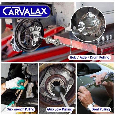 Nine Way Slide Hammer Puller Set for dents and dings, front wheel hub bearing and rear axle removal in use, showing various applications