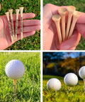 Collage of personalized bamboo golf tees with custom text, showcasing different angles on grass and held in hand, part of a set from 100 to 1000 pieces.
