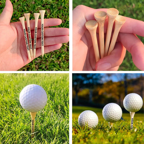 Collage of personalized bamboo golf tees with custom text, showcasing different angles on grass and held in hand, part of a set from 100 to 1000 pieces.