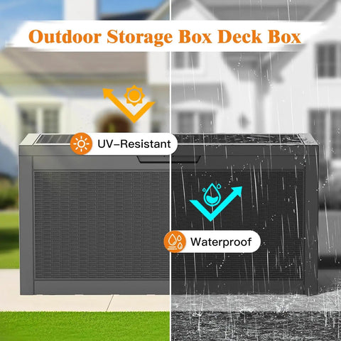 66 Gallon All Weather Outdoor Storage Box With Locking Lid For Deck Patio And Garden Built Tough Waterproof And UV Resistant Parcel Drop Box For Cushions Tools Pool Gear And Package Delivery in rain and sun demonstration