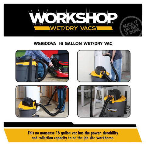 Heavy Duty 16 Gallon Shop Vacuum With 6.5 Peak HP for wet dry cleanup shown in various usage scenarios.