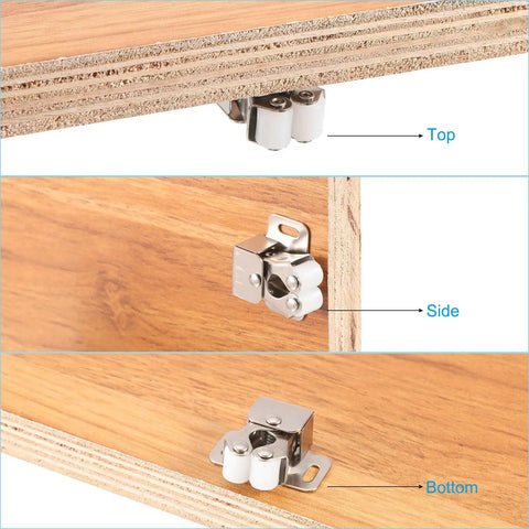 Smooth As Butter Stainless Steel Cabinet Latch Set With Double Roller Catch And Spear Strike Plate Including Mounting Screws for top, side, and bottom views.