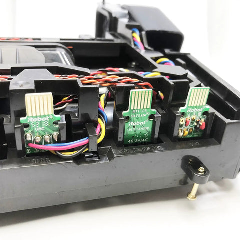 Interior view of replacement main roller brush cleaning head with fan motor module for Roomba E5 E6 I7, showcasing wiring components.