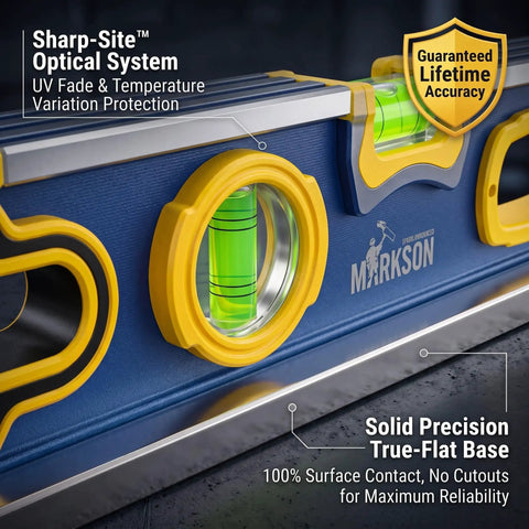 Markson 80-Inch Professional Aluminum Spirit Level - Non-Magnetic True-Flat Base with optical vials for precision.