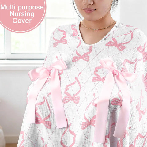 Pink Bow 2-In-1 Muslin Baby Car Seat Cover used as a nursing shield, featuring pink bows and soft fabric design