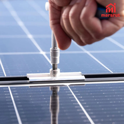 10 Pcs Solar Panel Clamps For Unistrut System And Mounting Bracket Kit being installed on roof with a hand using a tool