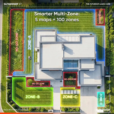 Aerial view of a yard with multiple zones for Wireless Robot Lawn Mower For Medium To Large Yards Up To 0.75 Acre With Smart App Control.
