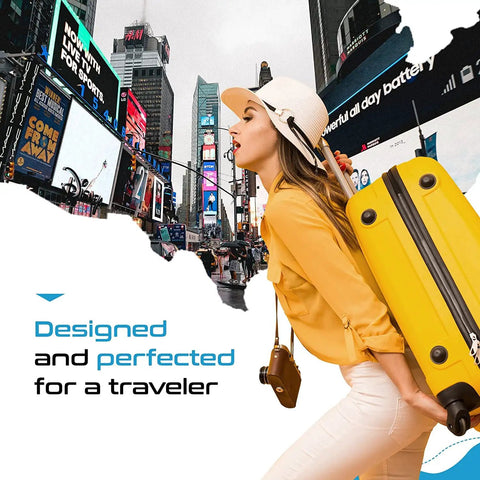 Woman in hat carrying yellow suitcase in city with text 'Designed and perfected for a traveler'.