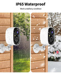 2K Wireless Outdoor Security Cameras Set Up Made Easy, installed on a wooden wall in rain and snow, showcasing IP65 waterproof feature