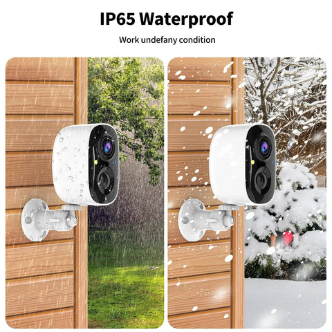 2K Wireless Outdoor Security Cameras Set Up Made Easy, installed on a wooden wall in rain and snow, showcasing IP65 waterproof feature