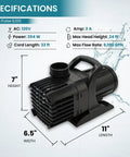 Image of a 6,100 GPH submersible pond pump with dimensions and specifications, including 33 ft cord and 24 ft max head listed.