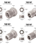 Close-up of brake line kit with tube nuts for 316L Stainless Steel Brake Line Kit 3/16 Inch By 25 Foot Marine Grade Tubing.