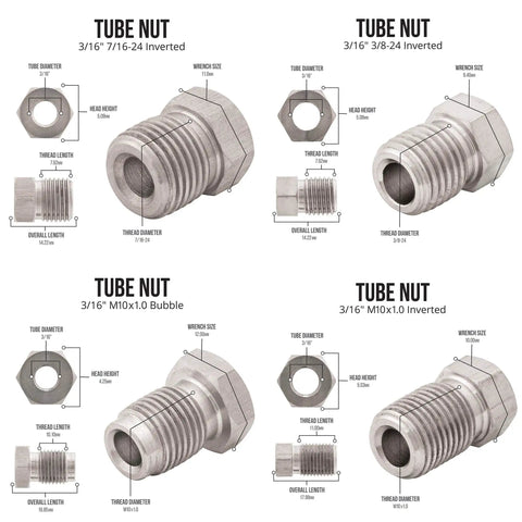 Close-up of brake line kit with tube nuts for 316L Stainless Steel Brake Line Kit 3/16 Inch By 25 Foot Marine Grade Tubing.