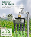 4 Zone Brass Sprinkler Timer With Rain Delay And Manual Mode connected to faucet, showing digital display with rain delay setting.