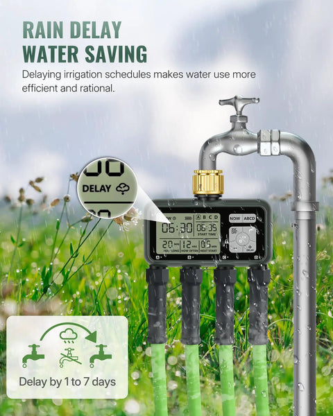 4 Zone Brass Sprinkler Timer With Rain Delay And Manual Mode connected to faucet, showing digital display with rain delay setting.