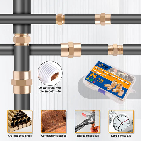 Brass Pipe Fittings Kit 24 Pcs Hex Nipple And Hex Coupling Set 1/8 To 1/8 NPT, 1/4 To 1/4 NPT, 3/8 To 3/8 NPT with Teflon tape, installation examples
