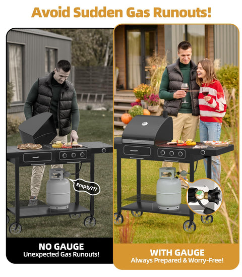 Image comparing a grill without a propane gauge and one with the Universal Propane Tank Gauge For 5 To 40 Lb LP Tanks With QCC1 Type 1 Connection.