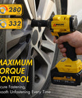 Wagan Onevolt 3-in-1 Cordless Electric Power Tool With Brushless Motor And 280 Ft-Lbs Torque For Tough Jobs lightweight design being used on a tire.
