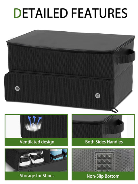 Detailed view of Two Layer Golf Trunk Organizer Waterproof Gear Bag That Fits Two Pairs Of Kicks And Stores Balls Tees Clothes Gloves