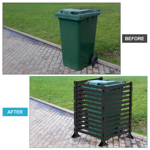 Before and after use of 12 Pack Plastic Fence Panels Privacy Screen For Backyard Patio Balcony No Tools Required Modular Garden Fence Enclosures For Pool Equipment Air Conditioner Trash Cans And More Black.