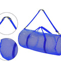 Large Capacity Mesh Duffel Gear Bag For Scuba Diving Snorkeling Equipment And Football Gear Tear Resistant Travel Tote shown in blue nylon with adjustable shoulder strap and zipper closure.