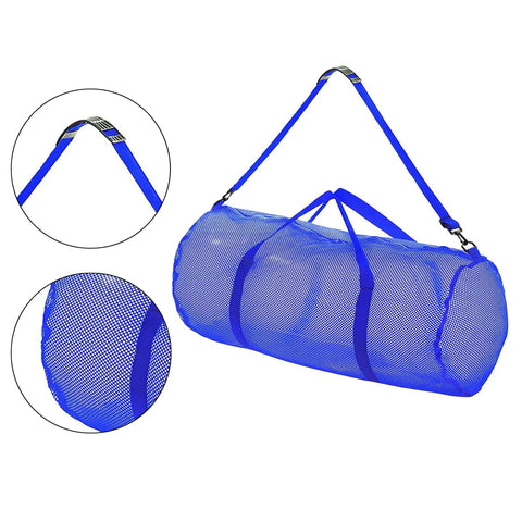 Large Capacity Mesh Duffel Gear Bag For Scuba Diving Snorkeling Equipment And Football Gear Tear Resistant Travel Tote shown in blue nylon with adjustable shoulder strap and zipper closure.