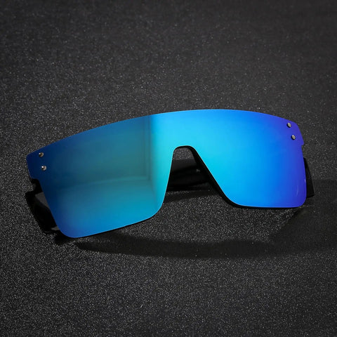 Gender Neutral Polarized Sunglasses With Blue Mirror Lenses Matte Black Frame Z87 Impact Proof UV400 Eye Protection Snap On Side Shields shown close up on black background.