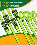One Inch Ratchet Tie Down Straps 15 Ft 4 Pack With Soft Loops 2100 Pound Break Strength Reflective Thread product image