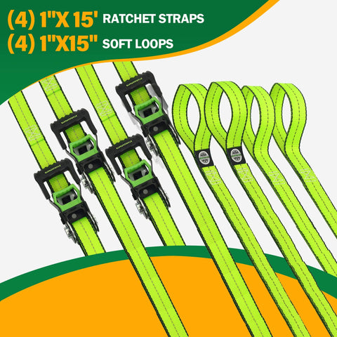 One Inch Ratchet Tie Down Straps 15 Ft 4 Pack With Soft Loops 2100 Pound Break Strength Reflective Thread product image