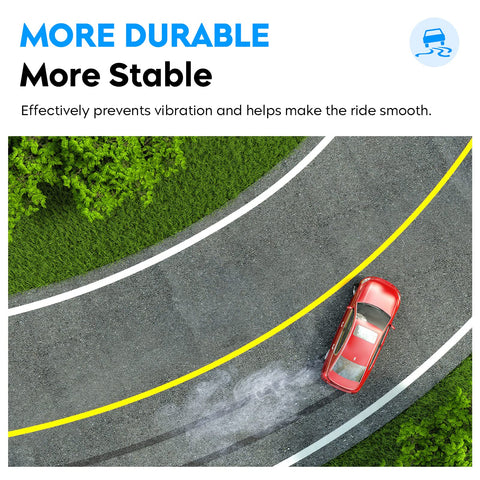 Top view of a red car driving smoothly on a curved road illustrating durability and stability benefits.