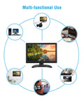 Diagram showing multi-functional use of 12 Inch HDMI Portable Monitor With 1366x768 Display Built In Speaker Plug And Play VGA HDMI AV Ports