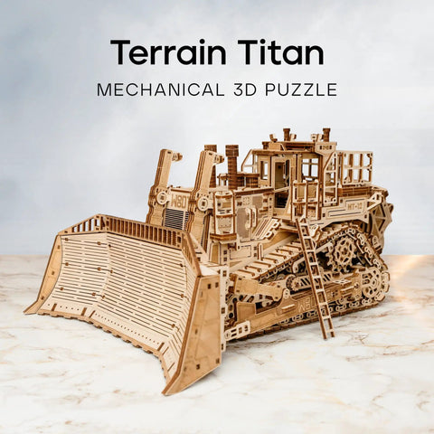 Terrain Titan Bulldozer 3D Wooden Puzzle Kit For Adults To Build With 1715 Precision Cut Pieces No Glue Needed, Illustrated Step By Step Assembly Guide, Realistic Heavy Machinery Model, front blade view